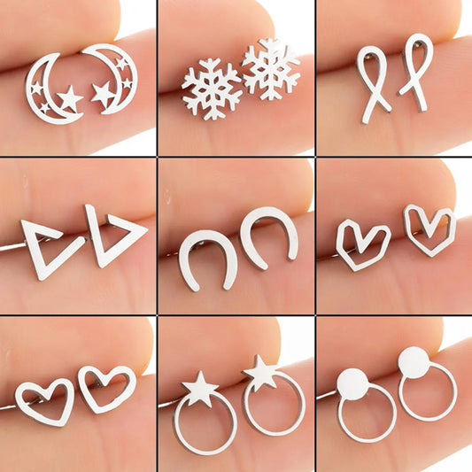 1 Pair Fashion Moon Heart Shape Snowflake Stainless Steel Ear Studs