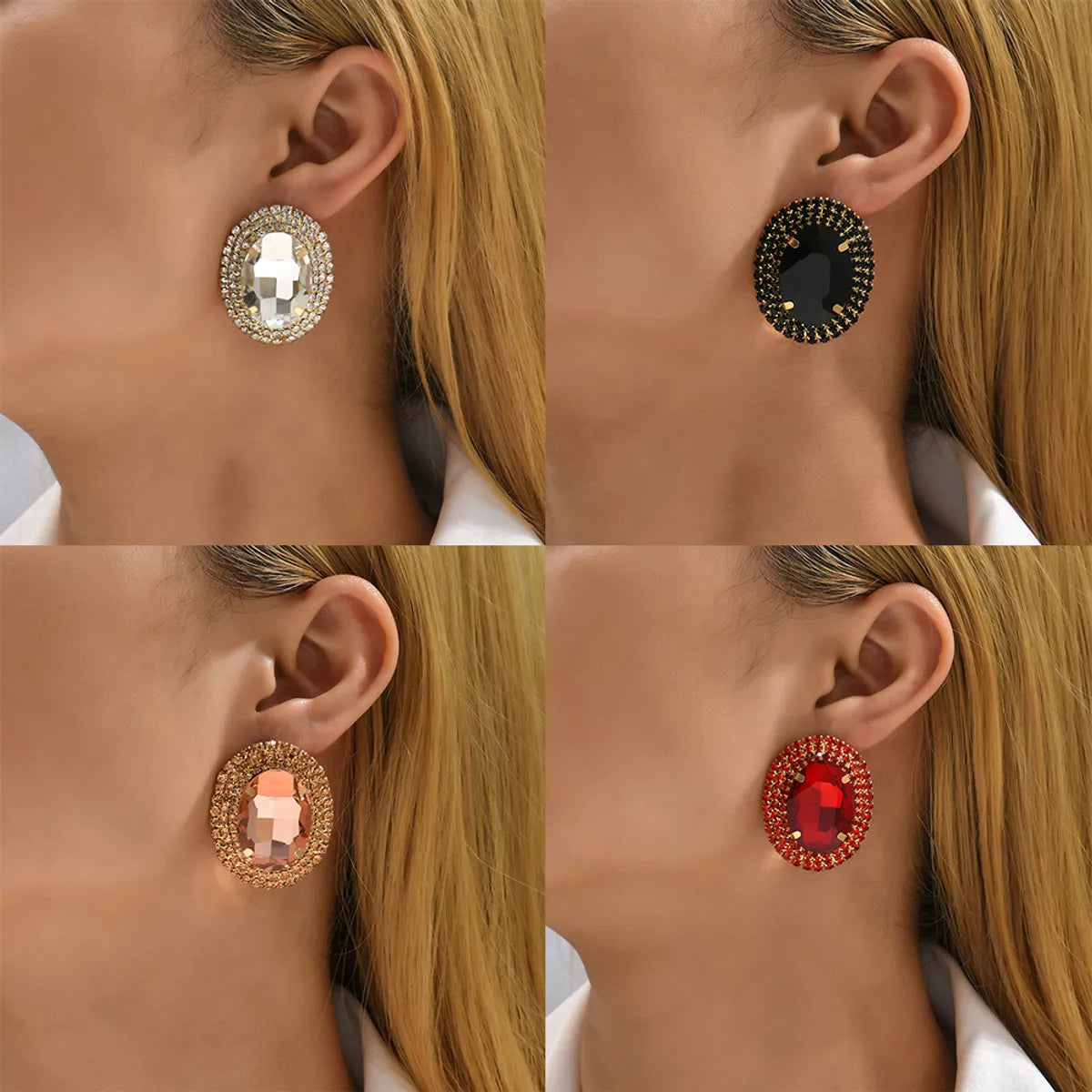 1 Pair Fashion Oval Metal Inlay Zircon Women'S Ear Studs