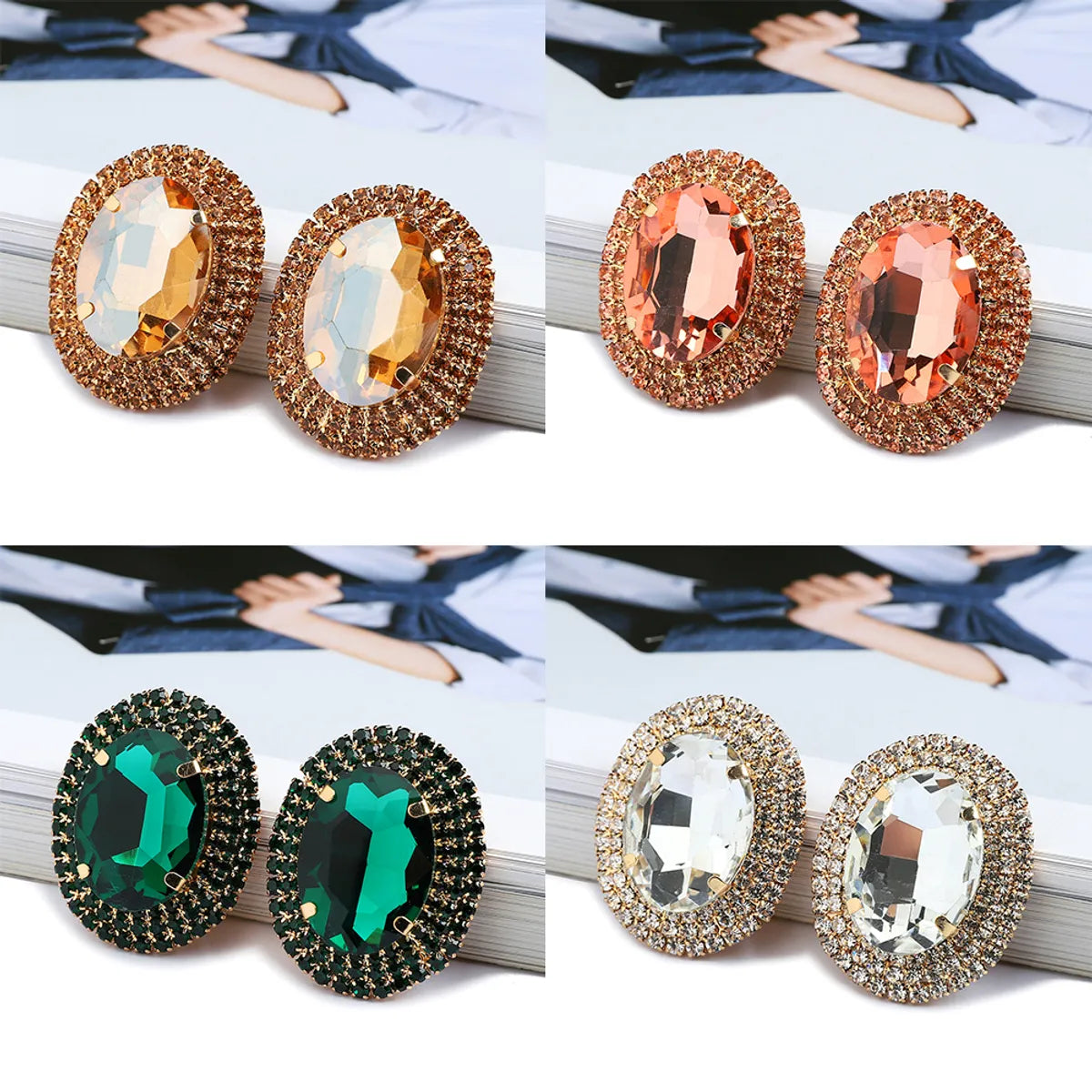 1 Pair Fashion Oval Metal Inlay Zircon Women'S Ear Studs