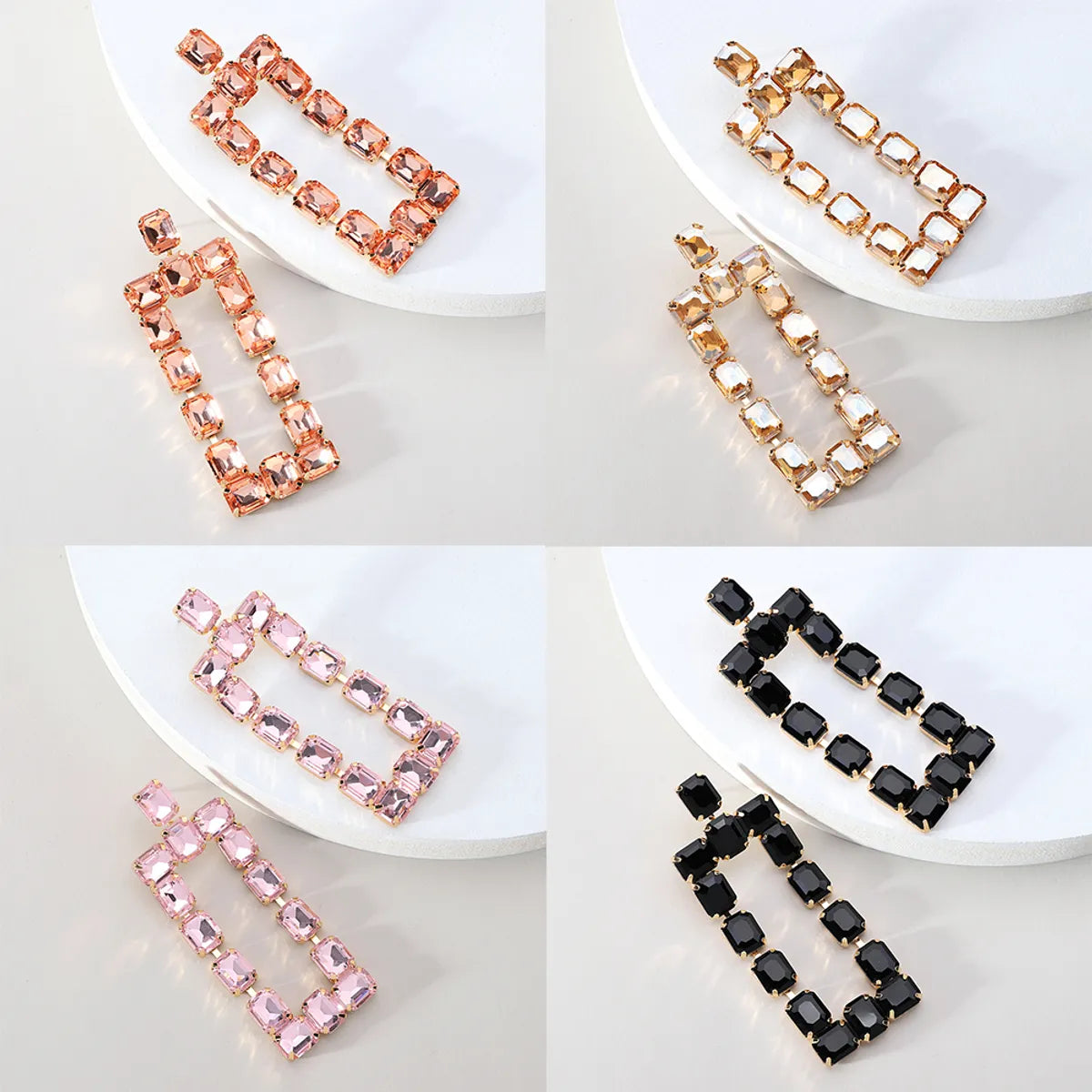 1 Pair Fashion Rectangle Rhinestone Glass Hollow Out Women's Chandelier Earrings