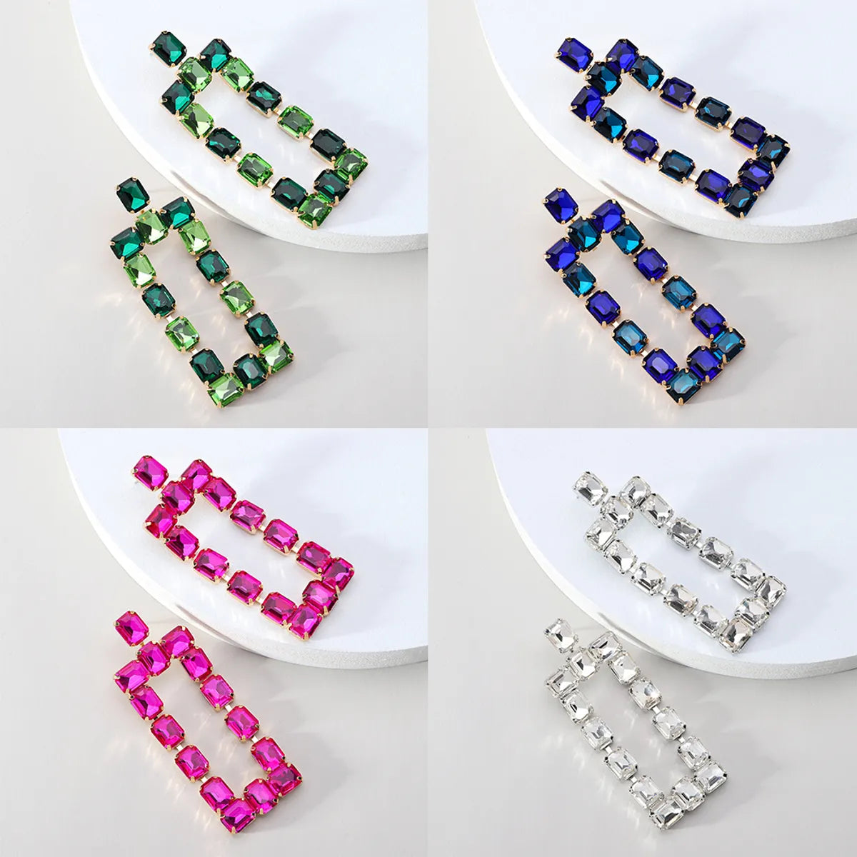 1 Pair Fashion Rectangle Rhinestone Glass Hollow Out Women's Chandelier Earrings