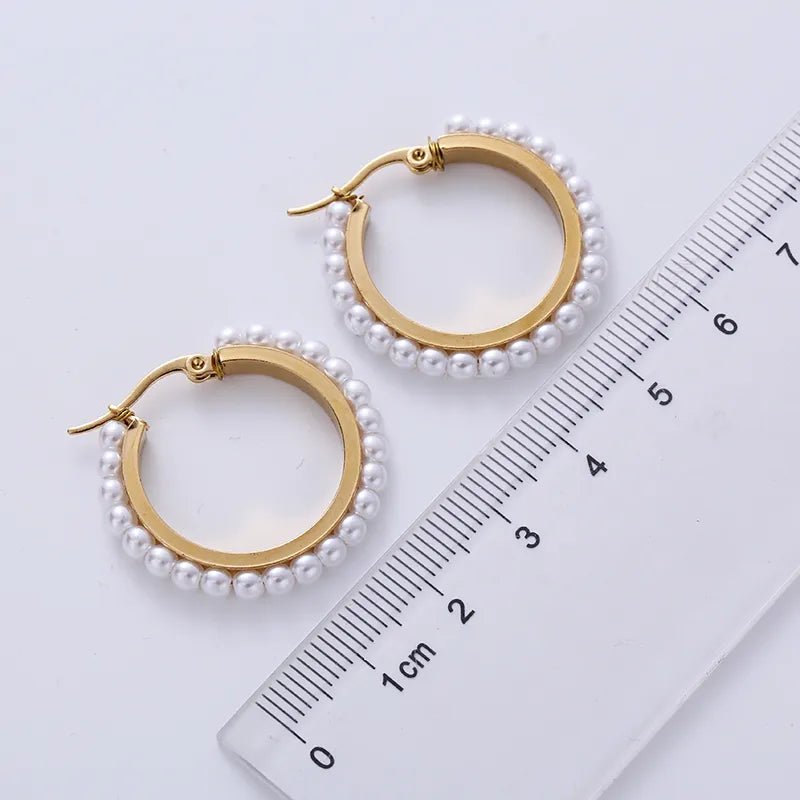 1 Pair Fashion Round Plating Inlay Stainless Steel Artificial Pearls 18k Gold Plated Hoop Earrings