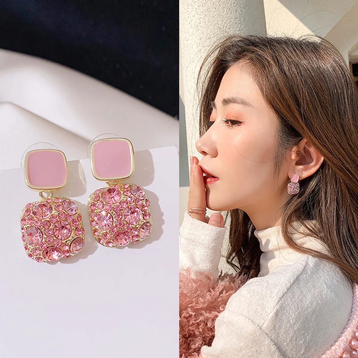 1 Pair Fashion Square Alloy Plating Rhinestones Women'S Drop Earrings