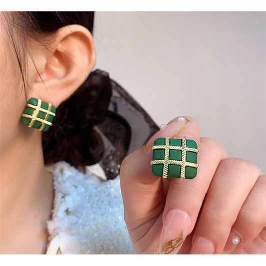 1 Pair Fashion Square Lattice Alloy Women's Ear Studs