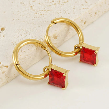 1 Pair Fashion Square Inlay Stainless Steel Zircon 18K Gold Plated Drop Earrings