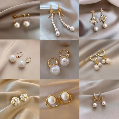 1 Pair Fashion Star Flower Imitation Pearl Alloy Inlay Rhinestones Women'S Earrings