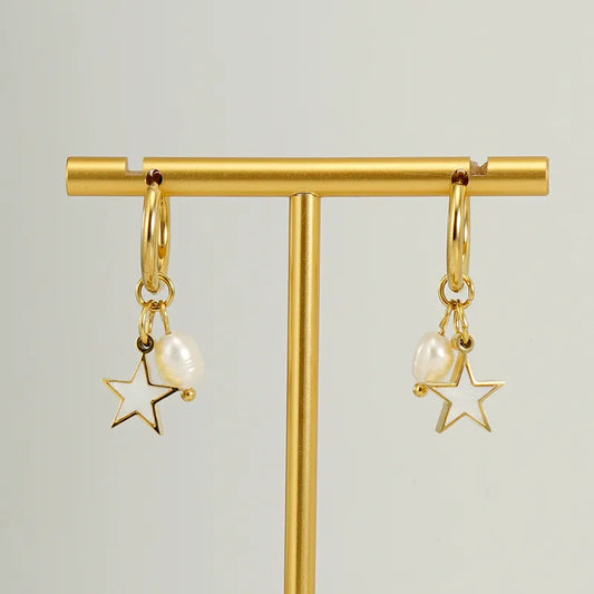 1 Pair Fashion Star Pearl Plating Inlay 304 Stainless Steel Shell 18K Gold Plated Drop Earrings