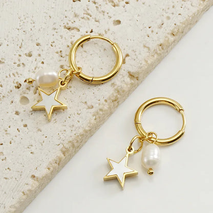 1 Pair Fashion Star Pearl Plating Inlay 304 Stainless Steel Shell 18K Gold Plated Drop Earrings