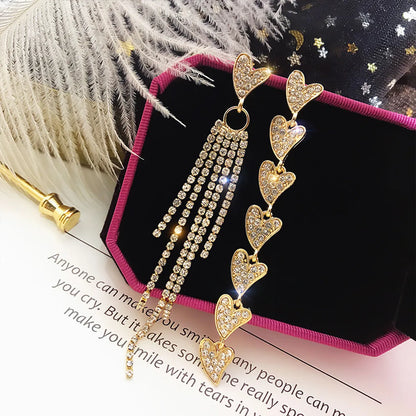 1 Pair Fashion Tassel Heart Shape Alloy Asymmetrical Inlay Rhinestones Women's Drop Earrings