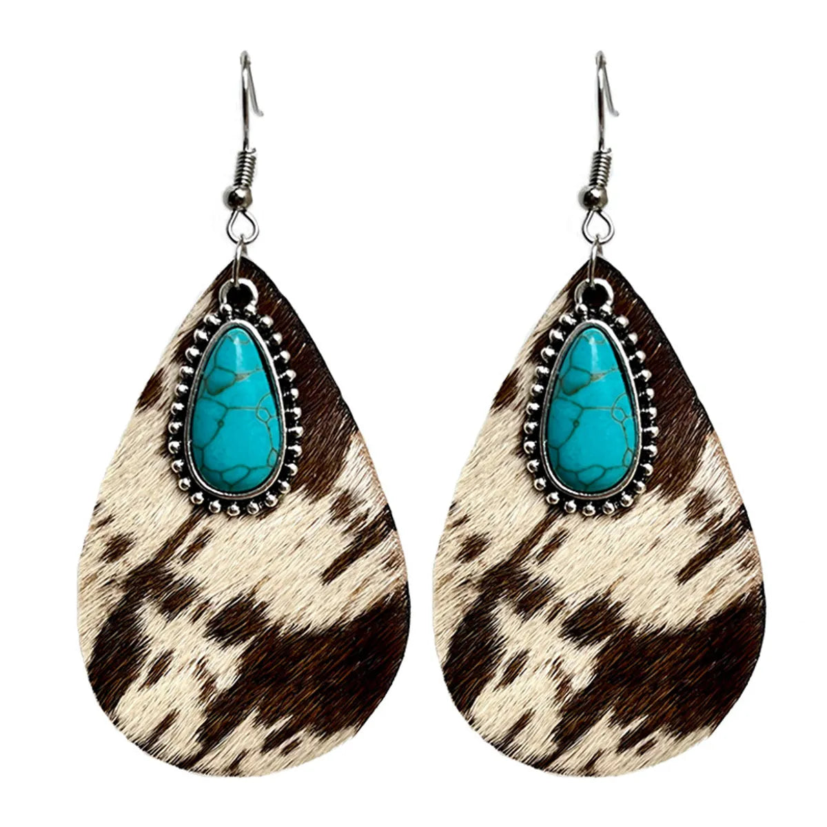 1 Pair Fashion Water Droplets Leopard Plating Inlay Alloy Leather Turquoise Drop Earrings