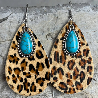 1 Pair Fashion Water Droplets Leopard Plating Inlay Alloy Leather Turquoise Drop Earrings