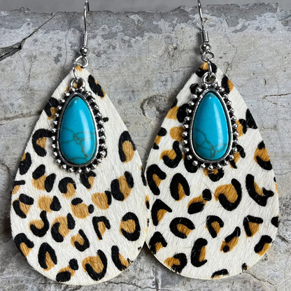 1 Pair Fashion Water Droplets Leopard Plating Inlay Alloy Leather Turquoise Drop Earrings