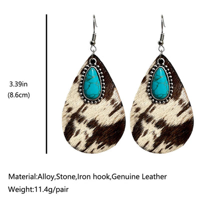 1 Pair Fashion Water Droplets Leopard Plating Inlay Alloy Leather Turquoise Drop Earrings