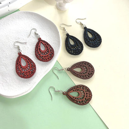 1 Pair Fashion Water Droplets Wood Carving Women'S Drop Earrings