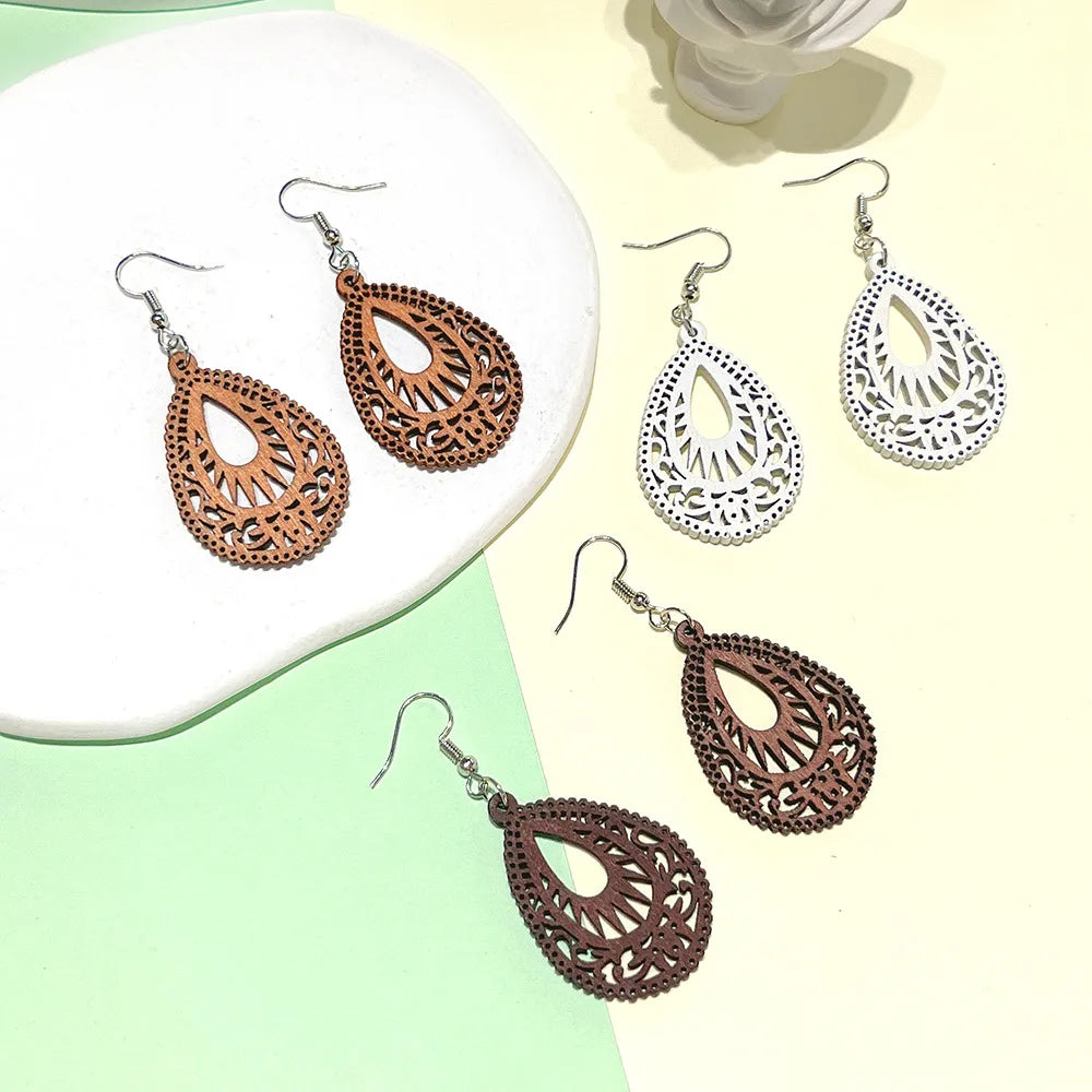 1 Pair Fashion Water Droplets Wood Carving Women'S Drop Earrings