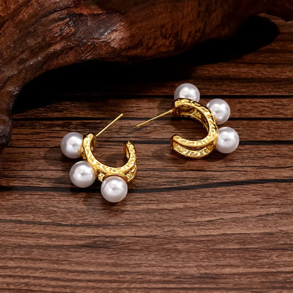 1 Pair French Style C Shape Inlay Stainless Steel Pearl 14k Gold Plated Ear Studs