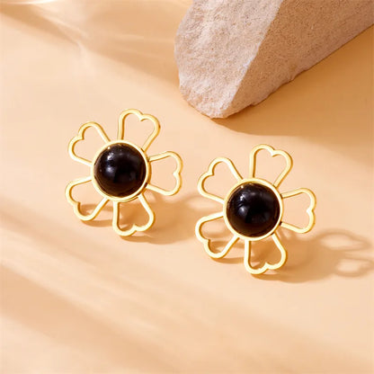 1 Pair French Style Flower Hollow Out Inlay 304 Stainless Steel Artificial Pearls 18K Gold Plated Ear Studs