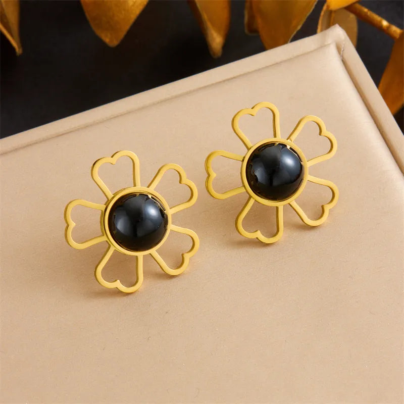 1 Pair French Style Flower Hollow Out Inlay 304 Stainless Steel Artificial Pearls 18K Gold Plated Ear Studs