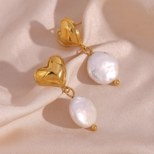 1 Pair French Style Heart Shape Plating 304 Stainless Steel Freshwater Pearl 18K Gold Plated Drop Earrings