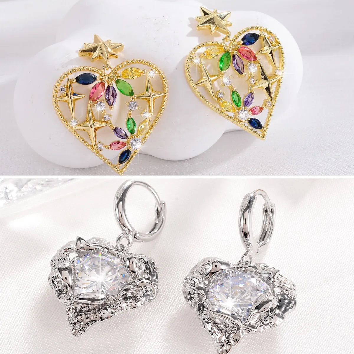 1 Pair French Style Shiny Heart Shape Hollow Out Inlay Copper Zircon 18k Gold Plated Silver Plated Drop Earrings