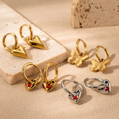 1 Pair French Style Simple Style Korean Style Heart Shape Butterfly Plating Inlay Stainless Steel Zircon 18k Gold Plated Drop Earrings