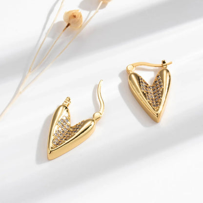 1 Pair French Style Simple Style Korean Style V Shape Sector Heart Shape Inlay Copper Zircon Earrings