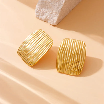 1 Pair French Style Square Pleated 304 Stainless Steel 18K Gold Plated Ear Studs