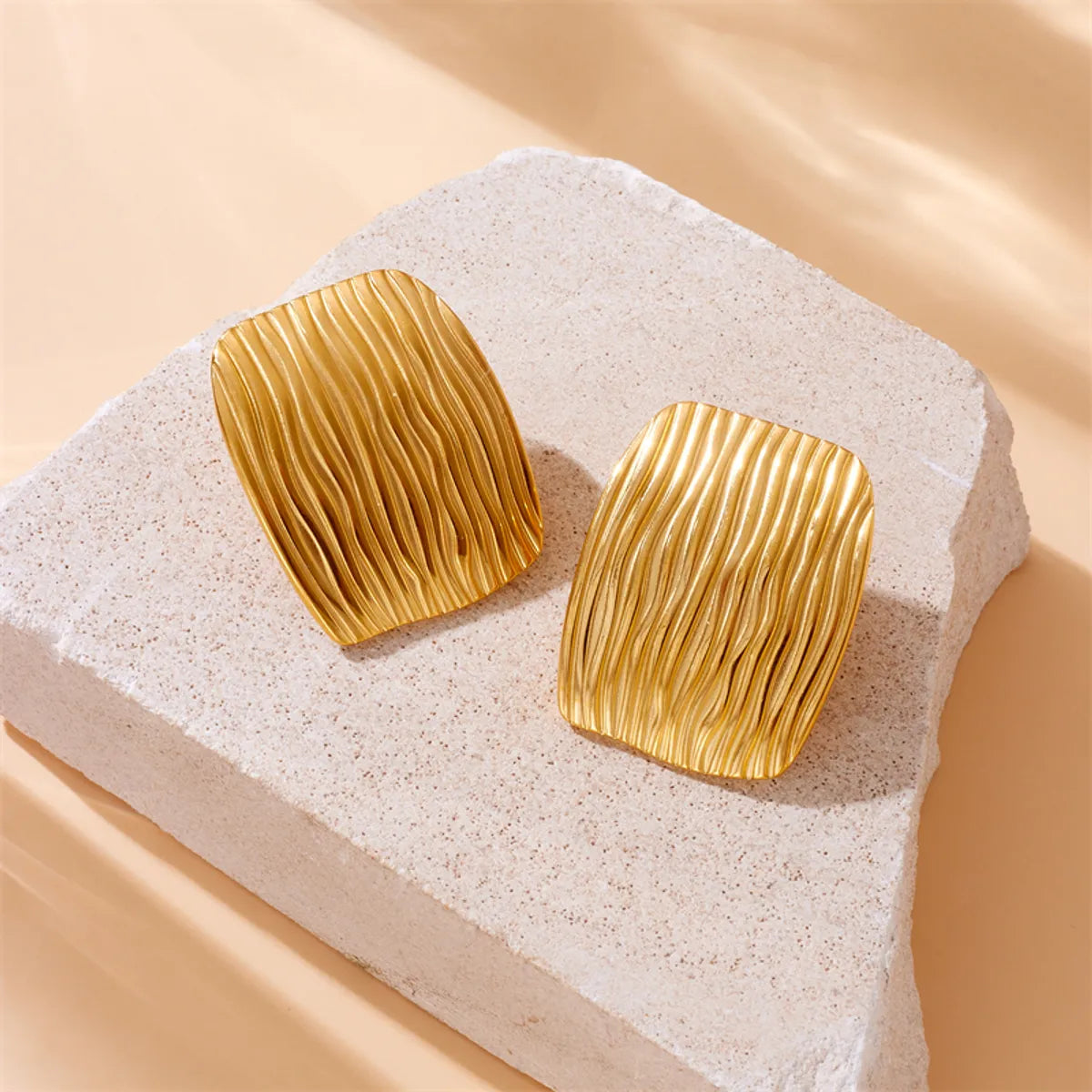 1 Pair French Style Square Pleated 304 Stainless Steel 18K Gold Plated Ear Studs