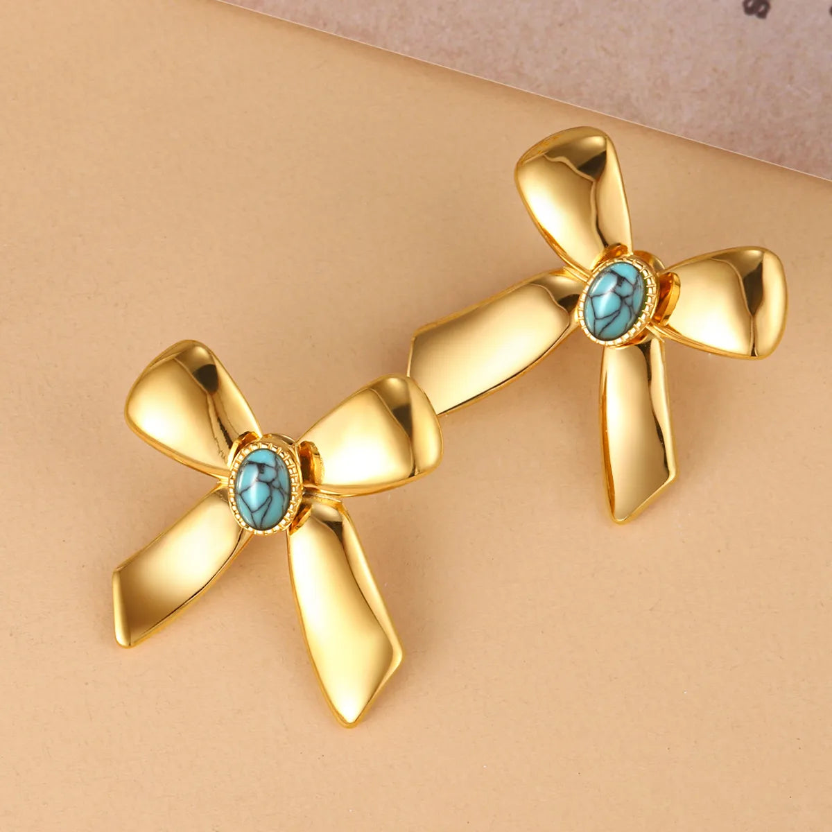 1 Pair French Style Sweet Bow Knot Inlay 304 Stainless Steel Turquoise 14K Gold Plated Ear Studs