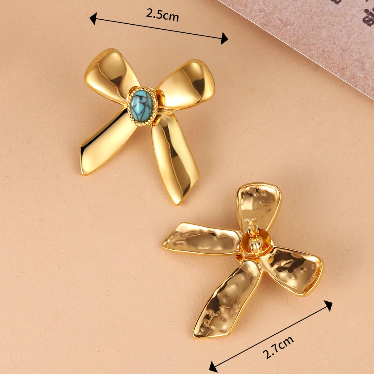 1 Pair French Style Sweet Bow Knot Inlay 304 Stainless Steel Turquoise 14K Gold Plated Ear Studs