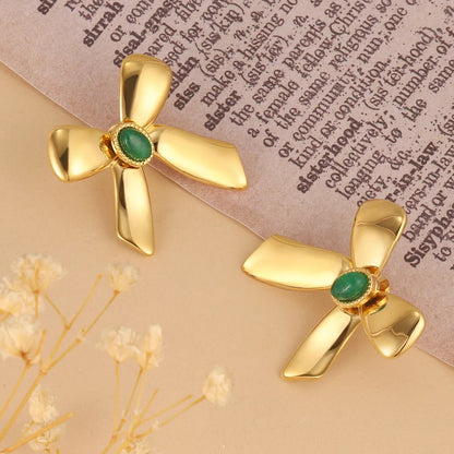 1 Pair French Style Sweet Bow Knot Inlay 304 Stainless Steel Turquoise 14K Gold Plated Ear Studs