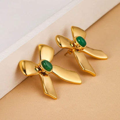 1 Pair French Style Sweet Bow Knot Inlay 304 Stainless Steel Turquoise 14K Gold Plated Ear Studs