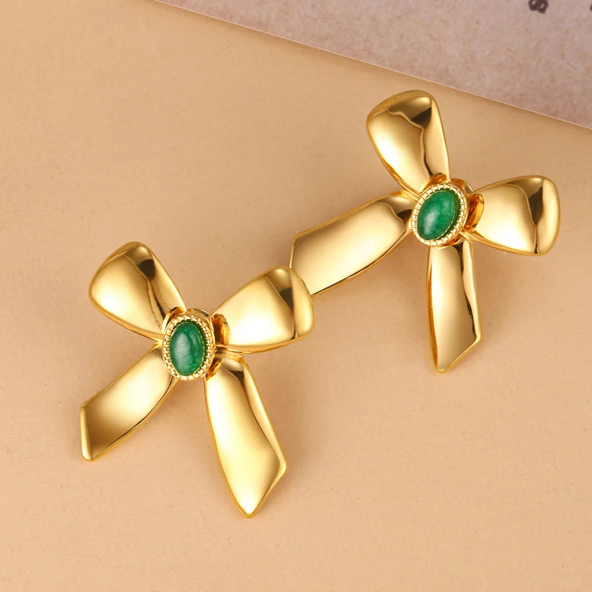 1 Pair French Style Sweet Bow Knot Inlay 304 Stainless Steel Turquoise 14K Gold Plated Ear Studs