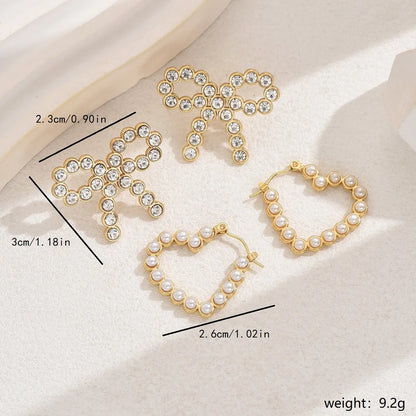 1 Pair French Style Sweet Commute Heart Shape Bow Knot Inlay 201 Stainless Steel Plastic Rhinestones 18K Gold Plated Earrings Ear Studs