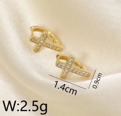 1 Pair French Style Sweet Cross Hollow Out Inlay Copper Zircon 14K Gold Plated Hoop Earrings