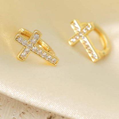 1 Pair French Style Sweet Cross Hollow Out Inlay Copper Zircon 14K Gold Plated Hoop Earrings