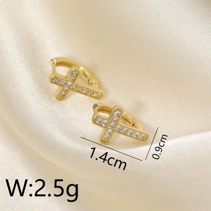 1 Pair French Style Sweet Cross Hollow Out Inlay Copper Zircon 14K Gold Plated Hoop Earrings