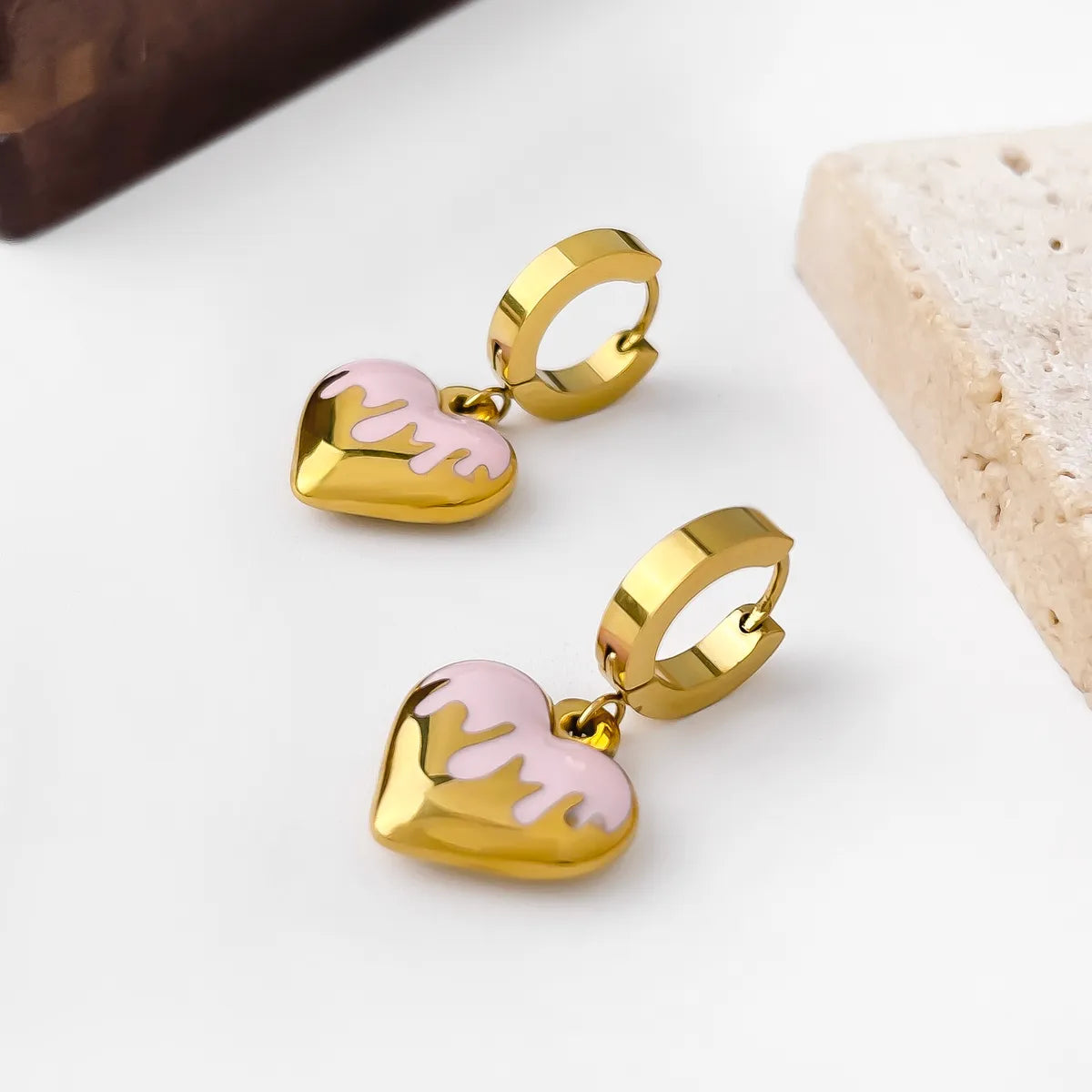 1 Pair French Style Sweet Heart Shape Enamel 304 Stainless Steel 18K Gold Plated Drop Earrings