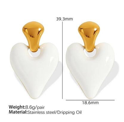 1 Pair French Style Sweet Heart Shape Polishing Epoxy Plating 304 Stainless Steel 18K Gold Plated Drop Earrings