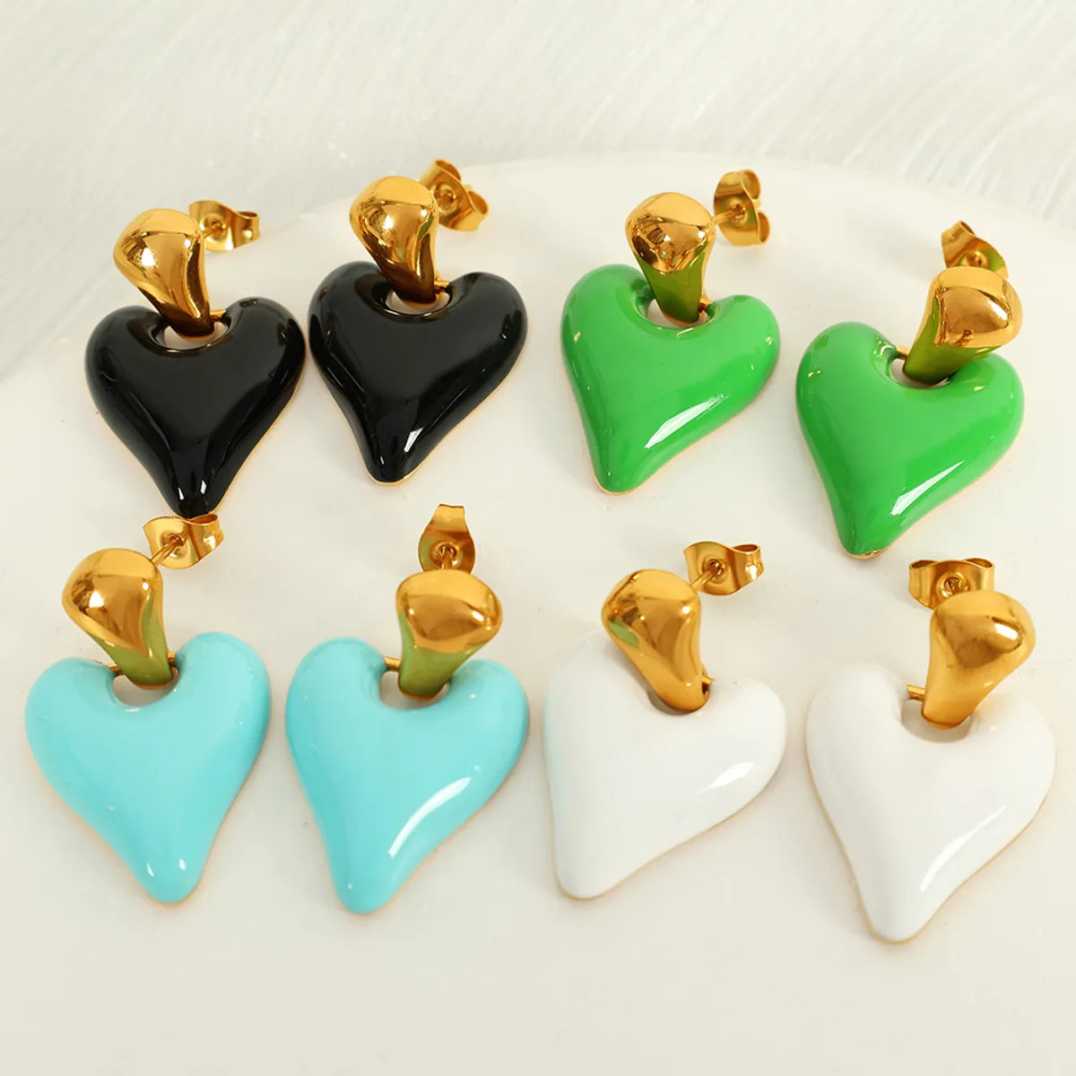 1 Pair French Style Sweet Heart Shape Polishing Epoxy Plating 304 Stainless Steel 18K Gold Plated Drop Earrings