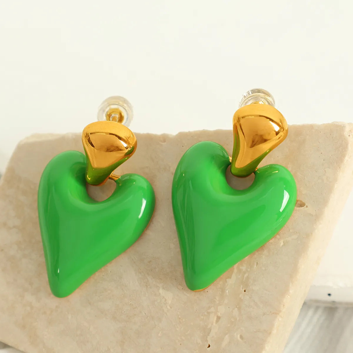 1 Pair French Style Sweet Heart Shape Polishing Epoxy Plating 304 Stainless Steel 18K Gold Plated Drop Earrings