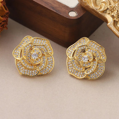 1 Pair French Style Sweet Rose Inlay Copper Zircon Ear Studs