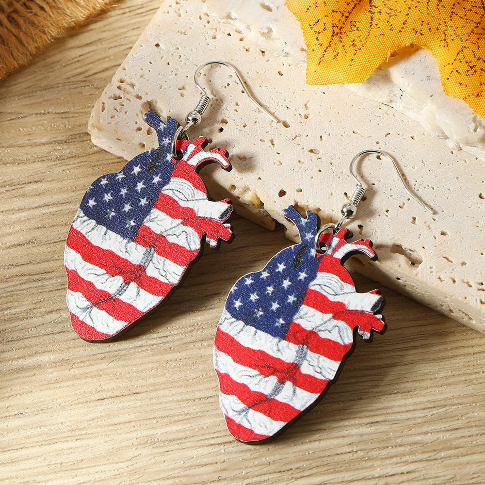 1 Pair Funny American Flag Painted Wood Drop Earrings