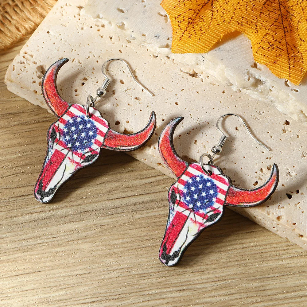 1 Pair Funny American Flag Painted Wood Drop Earrings