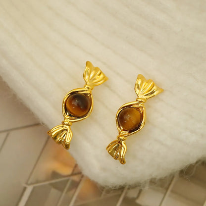 1 Pair Funny Bohemian Sweet Candy Inlay Copper Natural Stone 18K Gold Plated Ear Studs