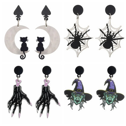 1 Pair Funny Cool Style Halloween Pattern Cat Spider Arylic Drop Earrings