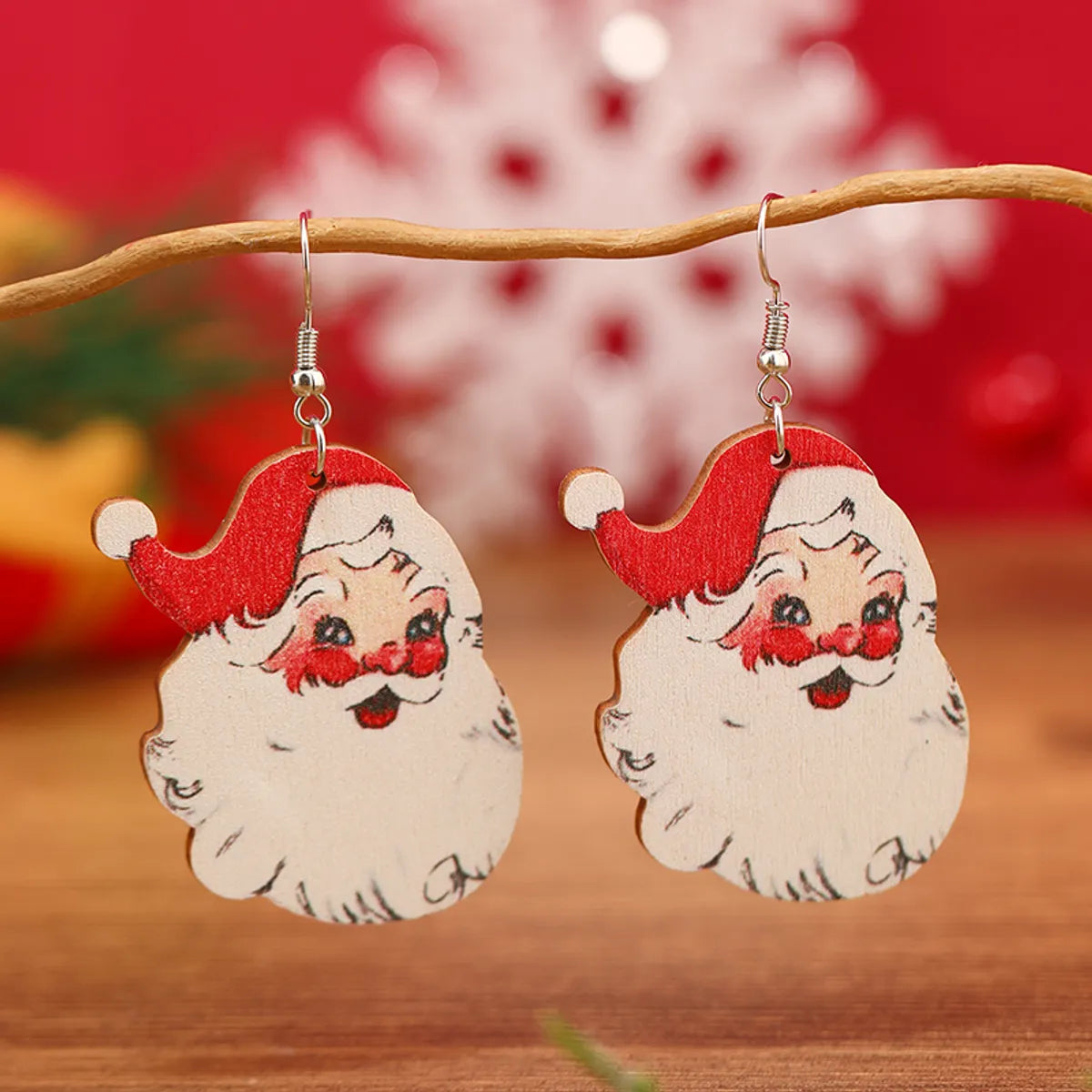 1 Pair Funny Pastoral Animal Santa Claus Wood Silver Plated Drop Earrings