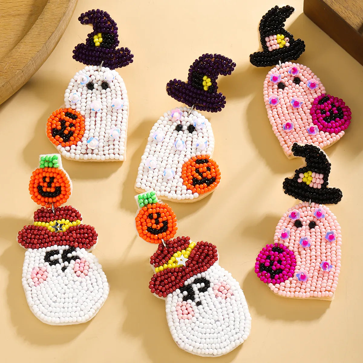 1 Pair Funny Pumpkin Ghost Grimace Plastic Resin Seed Bead Huichol Earrings Drop Earrings