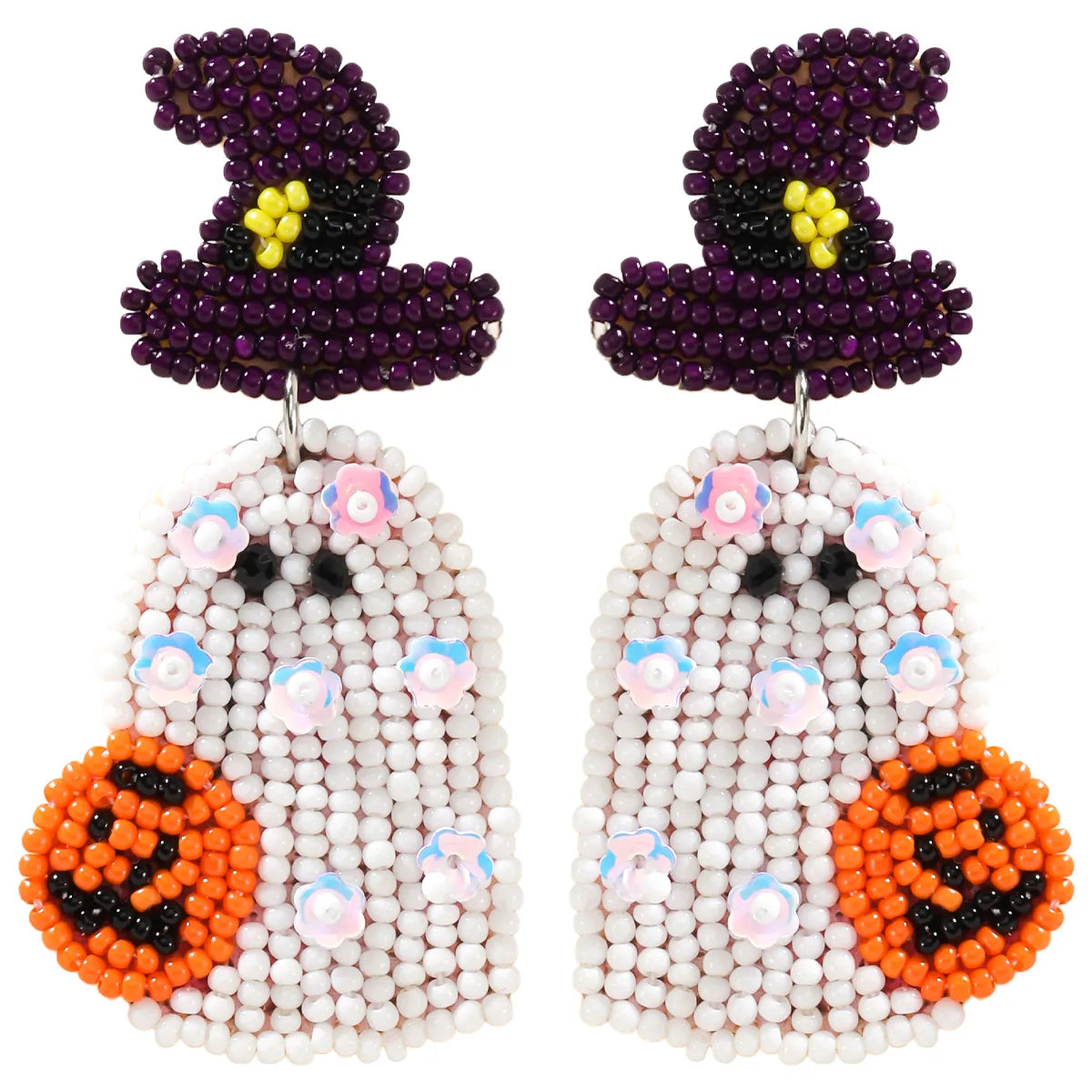 1 Pair Funny Pumpkin Ghost Grimace Plastic Resin Seed Bead Huichol Earrings Drop Earrings