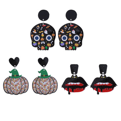 1 Pair Funny Pumpkin Graffiti Skull Printing Arylic Silver Plated Drop Earrings